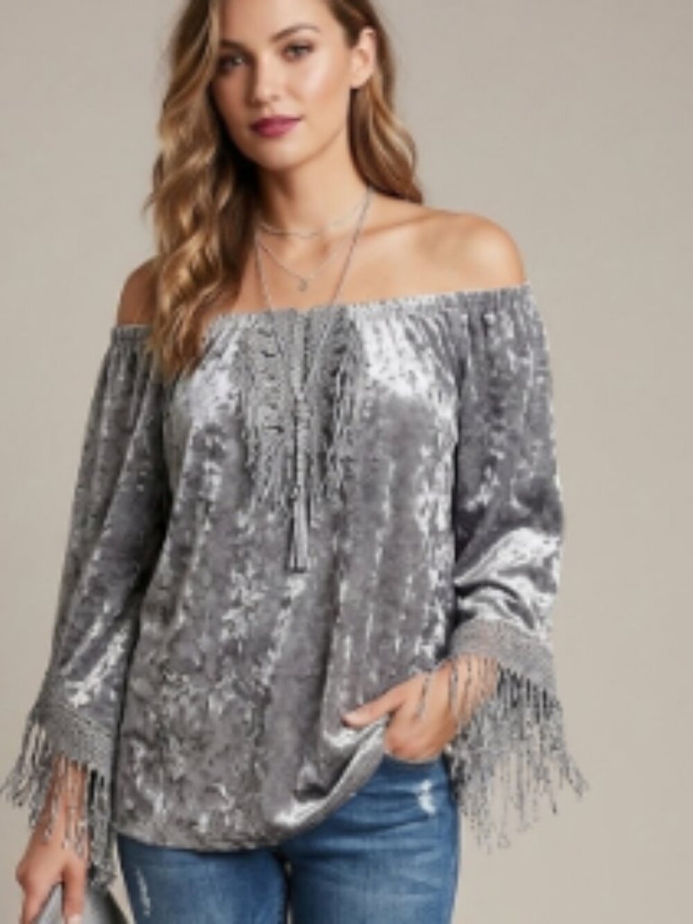Melissa Paige Gray Crush Velvet Peasant Blouse w/ Lace Trim sz M